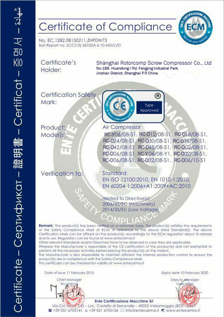 Chine Shanghai Rotorcomp Screw Compressor Co., Ltd certifications